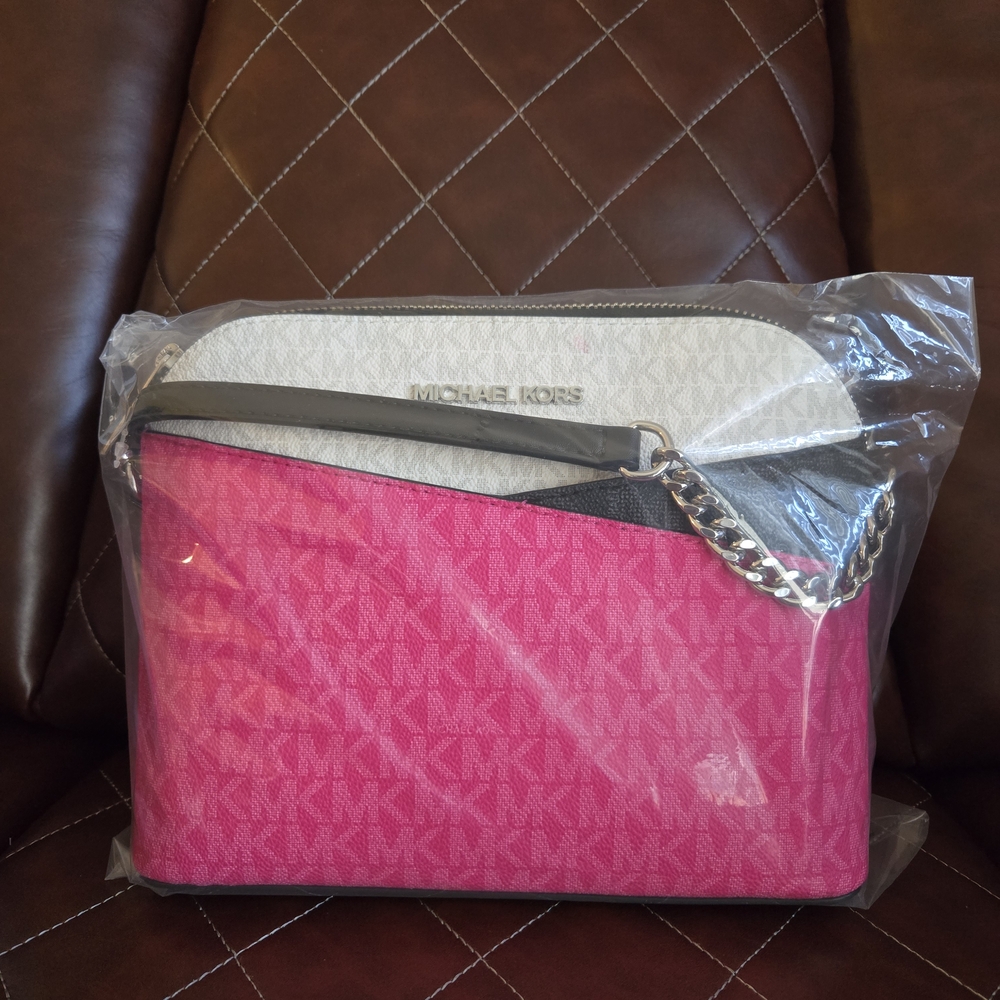 Michael Kors Fuchsia and White Chain Crossbody